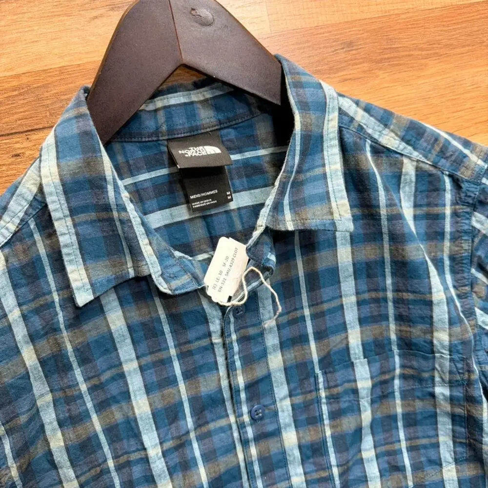 North Face Shirt Mens M Button Front Short Sleeve Pocket Blue Outdoor Plaid